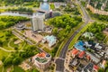 Top view of the Victory Park in Minsk and the Svisloch river and the hotel.A bird`s-eye view of the city of Minsk and the Park.