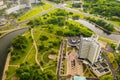 Top view of the Victory Park in Minsk and the Svisloch river and the hotel.A bird`s-eye view of the city of Minsk and the Park.