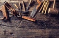 Top of view vintage carpenter tools in a carpentry workshop Royalty Free Stock Photo