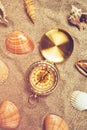 Top view of vintage compass in beach sand Royalty Free Stock Photo