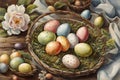 Top view of vintage Easter background, painted eggs in a basket, and a flower Royalty Free Stock Photo