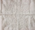 Top view of vintage hand made beautiful lace fabric over wooden table