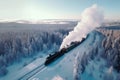 Top view of vintage holiday train traveling through a snowy landscape among forests and mountains