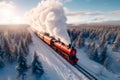 Top view of vintage holiday train traveling through a snowy landscape among forests and mountains