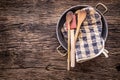 Top of view on Vintage kitchen utensils on rustic wood background Royalty Free Stock Photo
