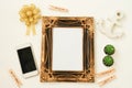 Top view vintage with mock up frame photo, cactus, oat and anchor background Royalty Free Stock Photo