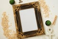 Top view vintage with mock up frame photo, cactus, oat and anchor Royalty Free Stock Photo