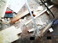 Top of view vintage old carpenter tools in a carpentry workshop, hand saw, home wood kit closeup Royalty Free Stock Photo