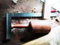 Top of view vintage old carpenter tools in a carpentry workshop, hand saw, home wood kit closeup Royalty Free Stock Photo