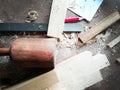 Top of view vintage old carpenter tools in a carpentry workshop, hand saw, home wood kit closeup Royalty Free Stock Photo