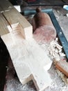 Top of view vintage old carpenter tools in a carpentry workshop, hand saw, home wood kit closeup Royalty Free Stock Photo