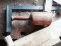 Top of view vintage old carpenter tools in a carpentry workshop, hand saw, home wood kit closeup Royalty Free Stock Photo