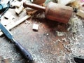 Top of view vintage old carpenter tools in a carpentry workshop, hand saw, home wood kit closeup Royalty Free Stock Photo