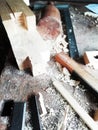 Top of view vintage old carpenter tools in a carpentry workshop, hand saw, home wood kit closeup Royalty Free Stock Photo