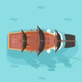 Top view vintage wooden pirate buccaneer filibuster corsair ocean sea dog ship boat sail game icon flat design vector