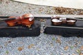 top view violin and viola instruments placed on black box orchestra instrument concept