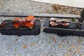 top view violin and viola instruments placed on black box orchestra instrument concept