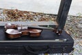 top view violin and viola instruments placed on black box orchestra instrument concept