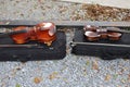 top view violin and viola instruments placed on black box orchestra instrument concept