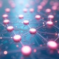 Top view of virtual network concept. Digital binary nodes as object. Pink circles linked by lines on circuit board. Tech, data, Royalty Free Stock Photo