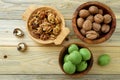 Walnuts green and dry on kitchen table background