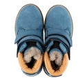 Top view of warm fur waterproof blue boots on a white background