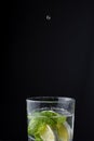 Top view of water drop falling into glass cup with lemon and mint, on black background in vertical Royalty Free Stock Photo