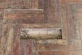 Top view of weathered parquet flooring, crumbling wood, image for background, texture, interior, old house, house renovation. Royalty Free Stock Photo