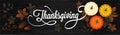 Top view of website banner design with callygraphic text Thanksgiving and colorful pumpkins on wooden texture background with map