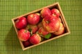 Top view of wet apples with water drops in a small bamboo crate with shadow on green background Royalty Free Stock Photo