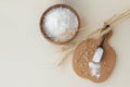 Top view of wheat flour in a wooden bowl and in a spoon on a board, Royalty Free Stock Photo