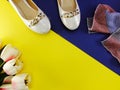 White ballet flat lady shoes on yellow and blue background Royalty Free Stock Photo