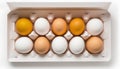 Top view of white and brown eggs in carton box on white background Royalty Free Stock Photo
