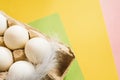 Top view of white chicken eggs with feather in an open egg carton on colorful background. Copy space. Natural healthy food and Royalty Free Stock Photo