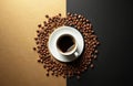 Top view of white coffee cup with black coffee. Roasted coffee beans surround cup in circle. Background split between gold, Royalty Free Stock Photo