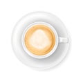 Top view at white coffee cup on plate. Realistic vector illustration of hot coffee drink mug - cappucino or latte. 3d Royalty Free Stock Photo