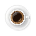 Top view at white coffee cup on plate. Realistic vector illustration of hot coffee drink mug - espresso or americano. 3d Royalty Free Stock Photo