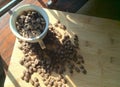 top view with white cup filled with freshly roasted coffee beans isolated on wood plank Royalty Free Stock Photo