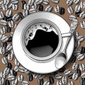 Top view of a white cup with a spoon on the coffee beans background