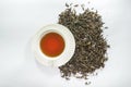Top view of White cup of tea with dried tea leaf Royalty Free Stock Photo