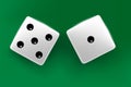 Top view of white dice. Casino dice cubes on green desk background. Online casino poker dice gambling concept. Royalty Free Stock Photo