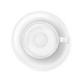 Top view at white empty coffee cup on plate. Realistic vector illustration of blank hot drink mug. Design template Royalty Free Stock Photo