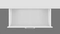 Top view of white empty open drawer of cabinet, cupboard or nightstand