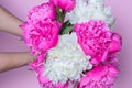 Top view of white and fuchsia peonies bouquet in female hands isolated on pink background. Close up. Idea for postcard, poster