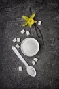 Top view of white granulated and cubes sugar with vanilla sticks and flower Royalty Free Stock Photo