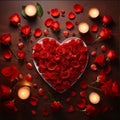 Top view of a white heart filled with red petals, roses around candles and red petals. Flowering flowers, a symbol of spring, new Royalty Free Stock Photo