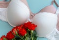 Top view white lace lingerie with red roses on green background. Set of woman essential underwear or accessory. Flat lay,