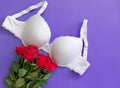 Top view white lace lingerie with red roses on violet background. Set of woman essential underwear or accessory. Flat lay,