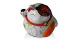 Top view white lucky cat sitting and holding on white background, object, religion, copy space