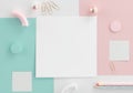 Top view of white paper with copy space for text, paper clip, note, sphere, pencil and geometric objects on pastel background 3D Royalty Free Stock Photo